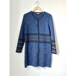 OLEANA Merino Wool Silk Road Floral Pattern Long Cardigan Size XXL Luxury Blue